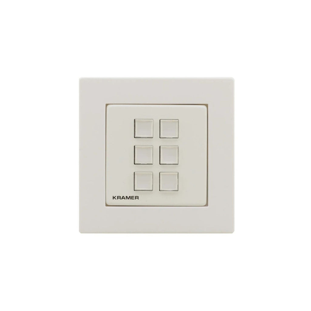 Kramer RC-206 6-button white control panel for video equipment, with labeled buttons and sleek design.