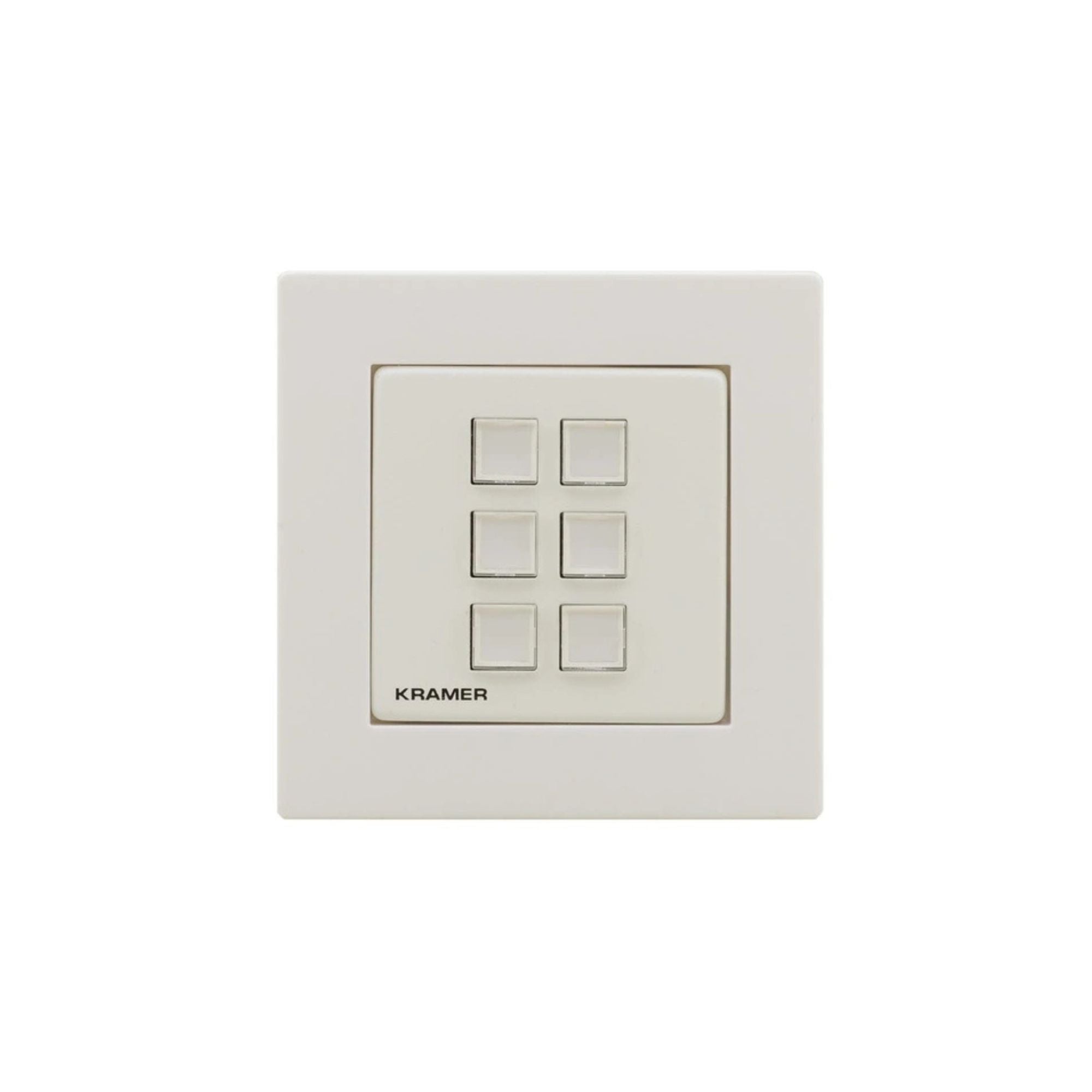 Kramer RC-206 6-button white control panel for video equipment, with labeled buttons and sleek design.