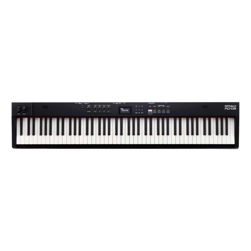 Roland RD-08 stage piano with black keys, compact keyboard for performance and live music, featuring control knobs and multiple sound options.