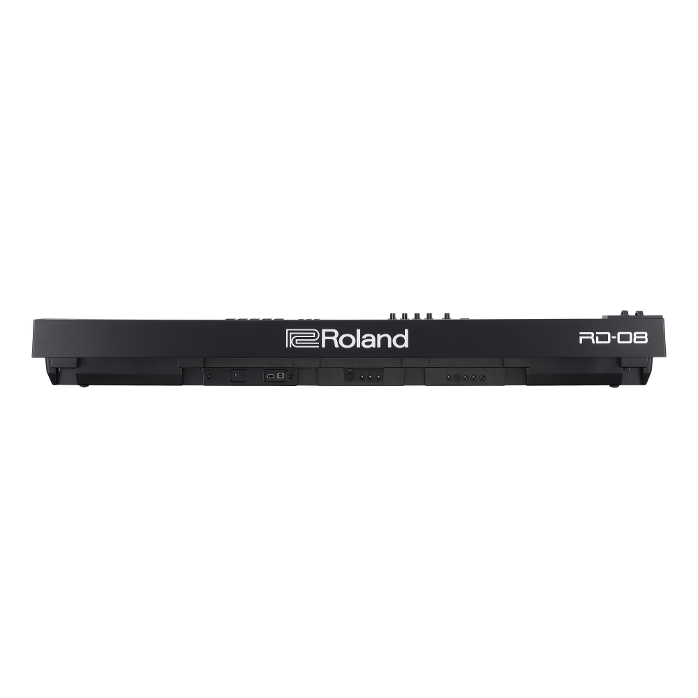 Roland RD-08 stage piano keyboard with black keys and control knobs, designed for live performance and stage use.