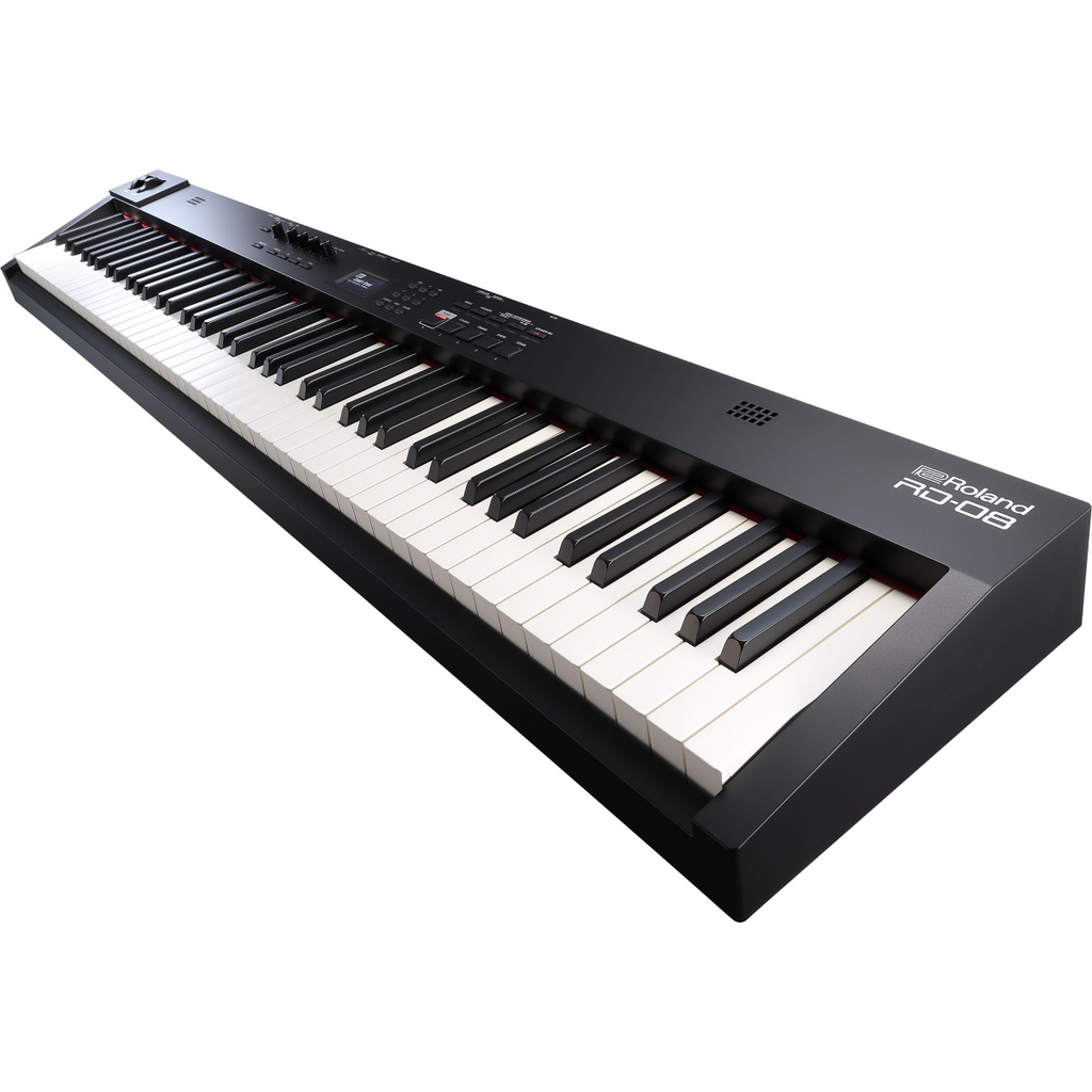 Roland RD-08 stage piano keyboard with black keys and control knobs, designed for live performance and stage use.