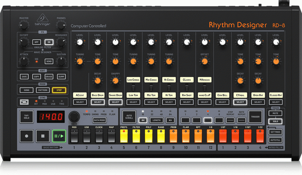 Behringer RD-8 MkII analog drum machine with control knobs and pattern display, showcasing its synthesizer keyboard design.