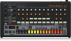 Behringer RD-8 MkII analog drum machine with control knobs and pattern display, showcasing its synthesizer keyboard design.