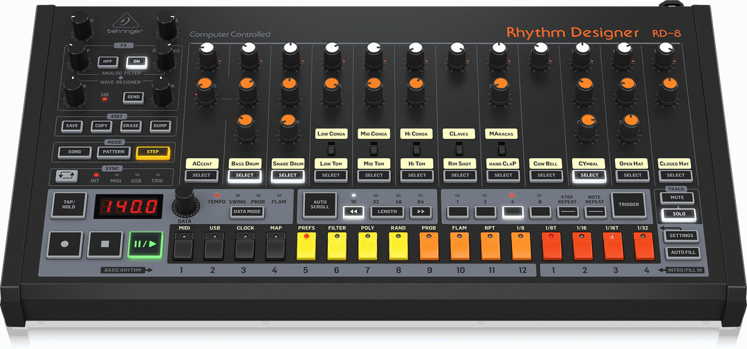 Behringer CM1A MIDI to CV converter module for synthesizer keyboards, shown with connection ports and controls.