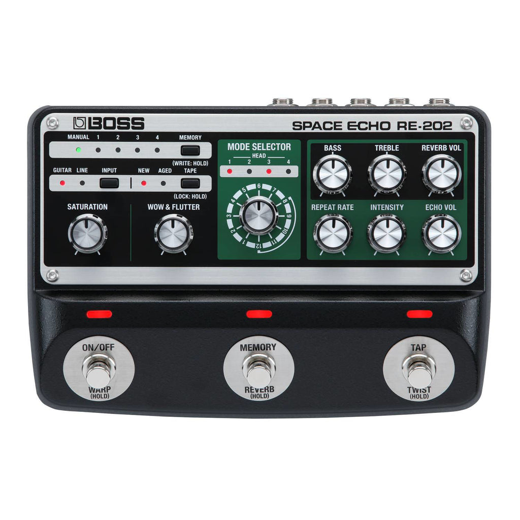 BOSS RE202 Space Echo guitar effects pedal with vintage-style controls and echo/reverb effects on a white background