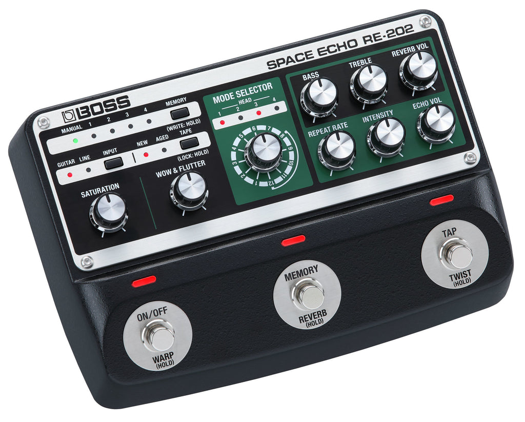 BOSS RE202 Space Echo guitar effects pedal with control knobs and input/output jacks, designed for echo and reverb effects.