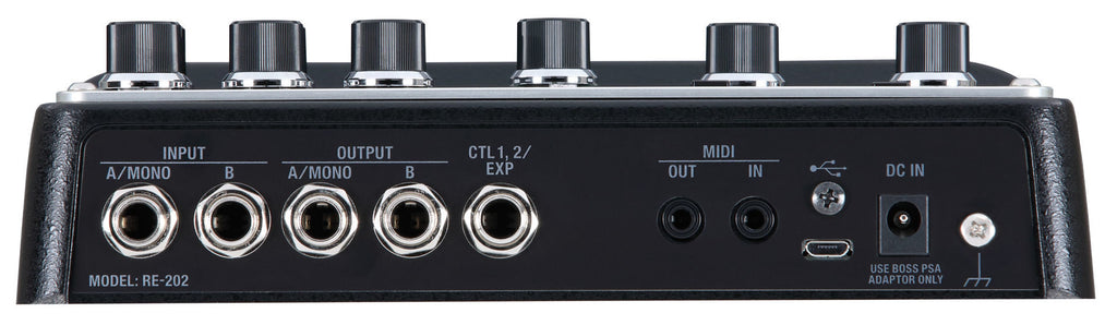 BOSS RE202 Space Echo guitar effects pedal with vintage-style control knobs and input/output jacks, shown from front angle.