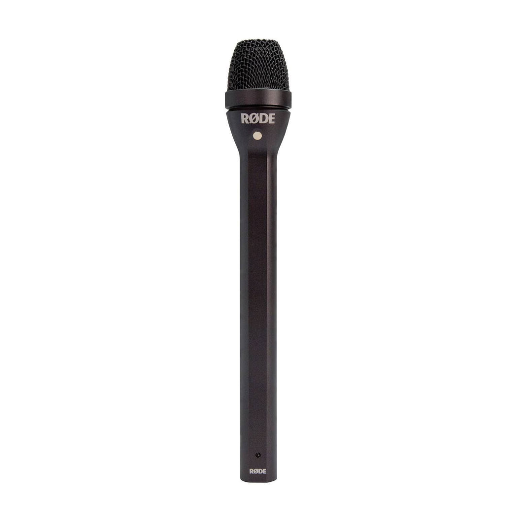 Rode Reporter omnidirectional interview microphone mounted on a stand for studio recording and broadcasting.