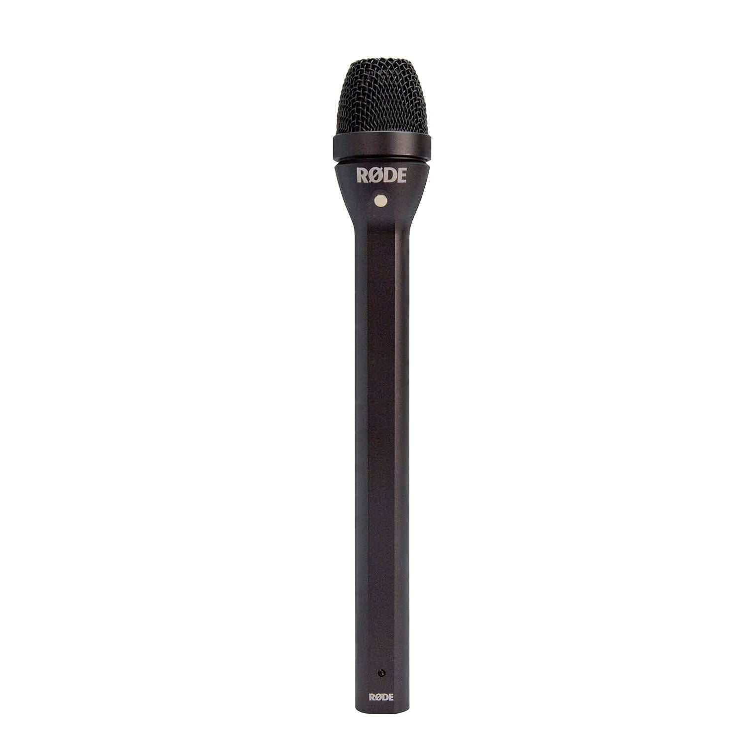 Rode Reporter omnidirectional interview microphone mounted on a stand for studio recording and broadcasting.