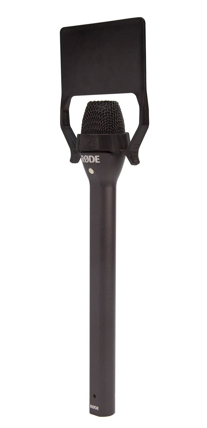 Rode Reporter omnidirectional interview microphone mounted on a stand, designed for professional studio and field recording.