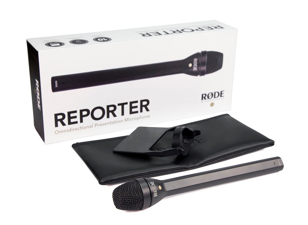 RODE Reporter omnidirectional interview microphone connected to a compact recording device for professional audio capture.