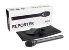 RODE Reporter omnidirectional interview microphone connected to a compact recording device for professional audio capture.