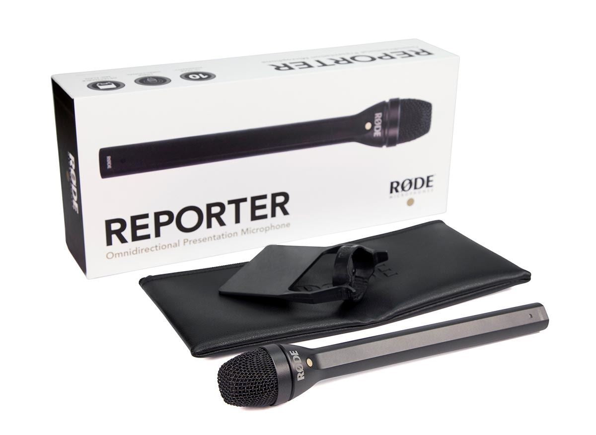 RODE Reporter omnidirectional interview microphone connected to a compact recording device for professional audio capture.