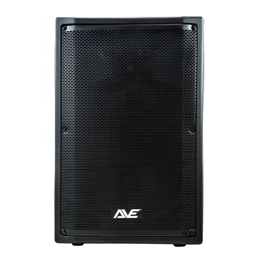 AVE REVO 15-inch powered speaker with DSP and 1100W output, featuring a sleek black enclosure and control panel.