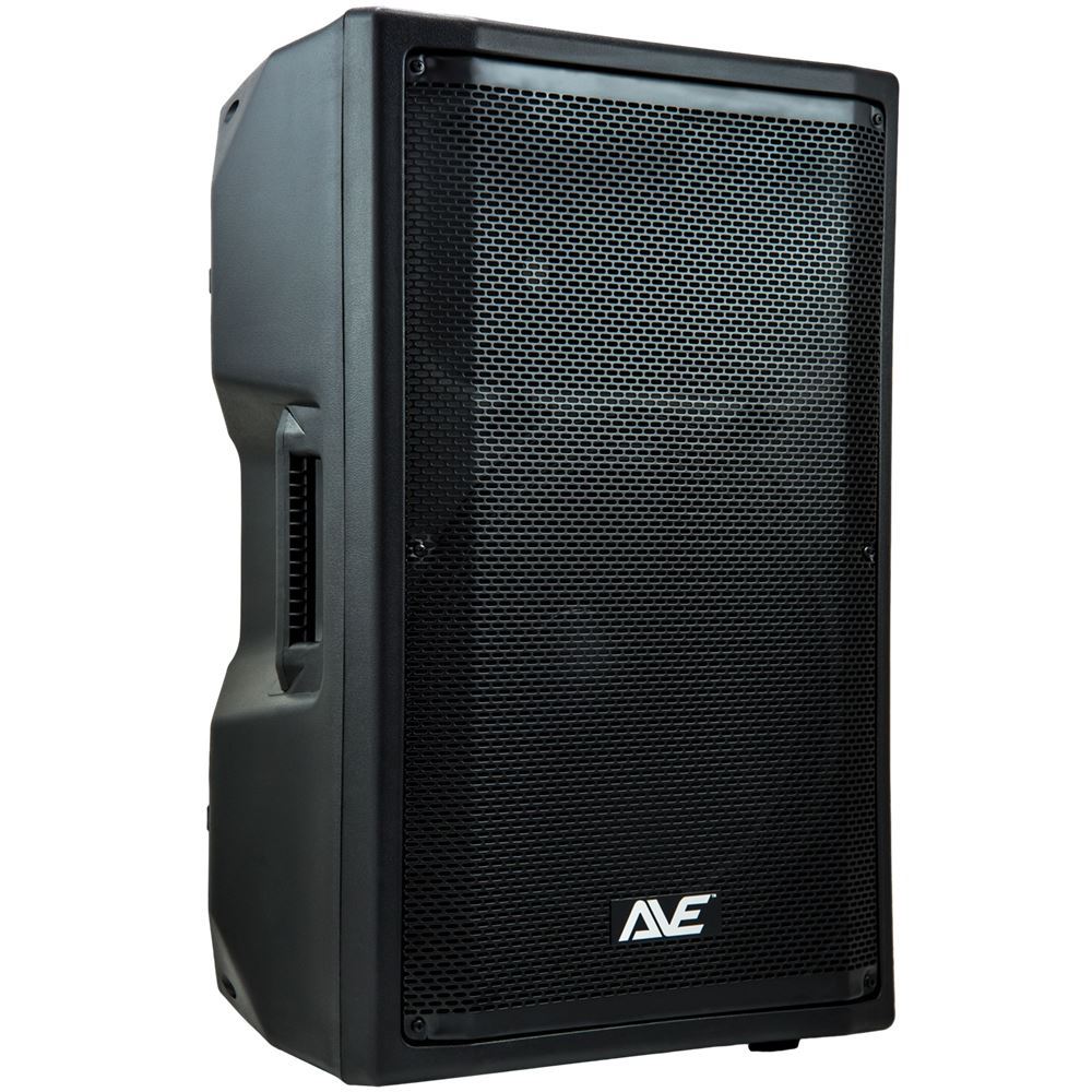 AVE REVO 15-inch powered speaker with DSP and 1100W output, showing a sleek black design with control panel and handles.