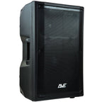 AVE REVO 15-inch powered speaker with DSP and 1100W output, showing a sleek black design with control panel and handles.