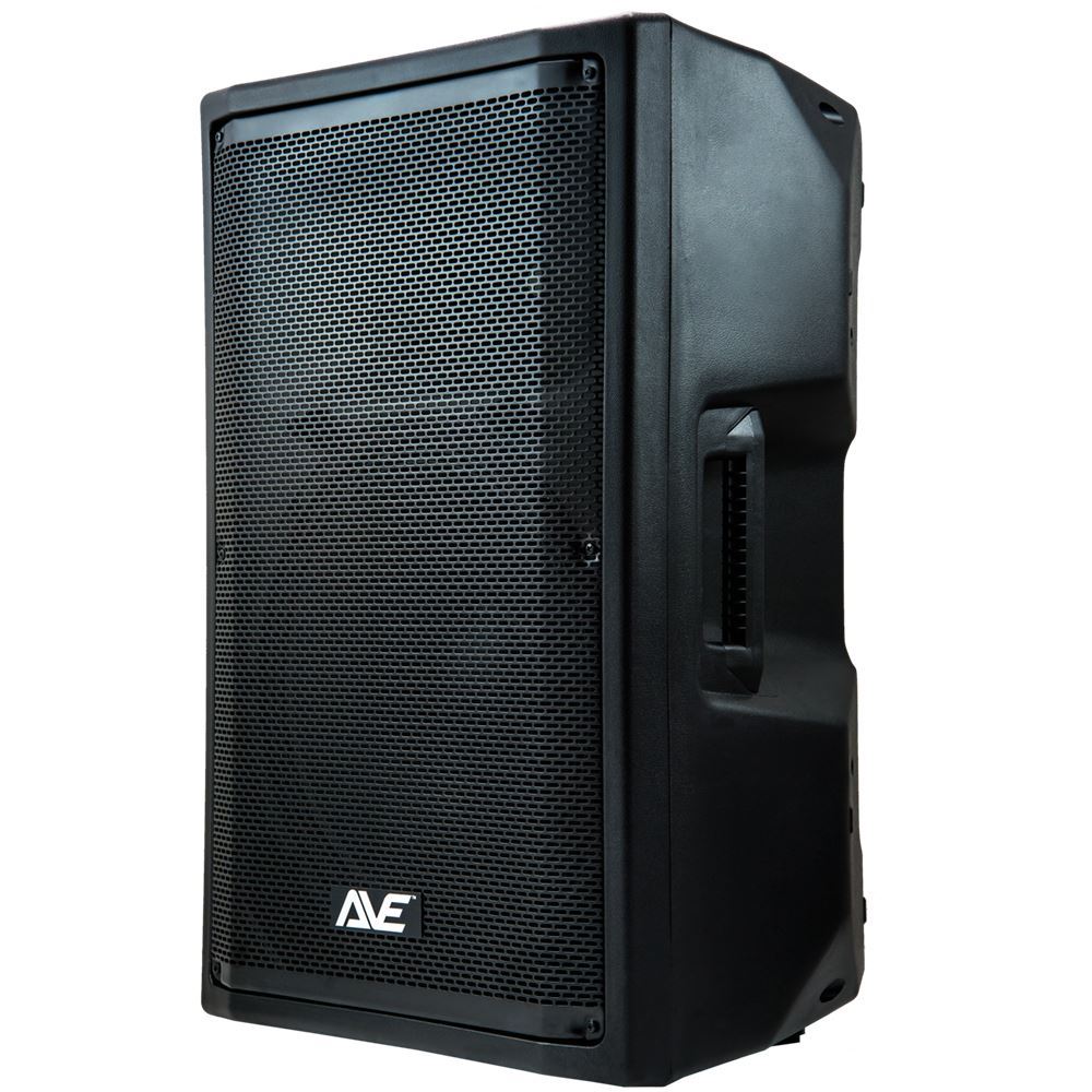 AVE REVO 15-inch powered speaker with DSP, 1100W, featuring professional audio controls and a sleek black design.