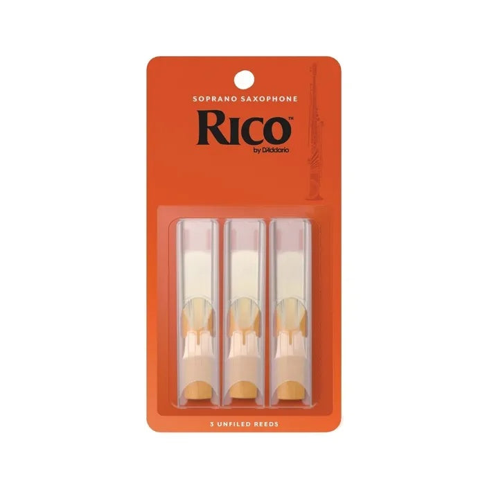 Rico RIA0315 soprano saxophone reeds 1.5 pack of 3, brass and woodwind accessories, with reeds displayed on a white background.