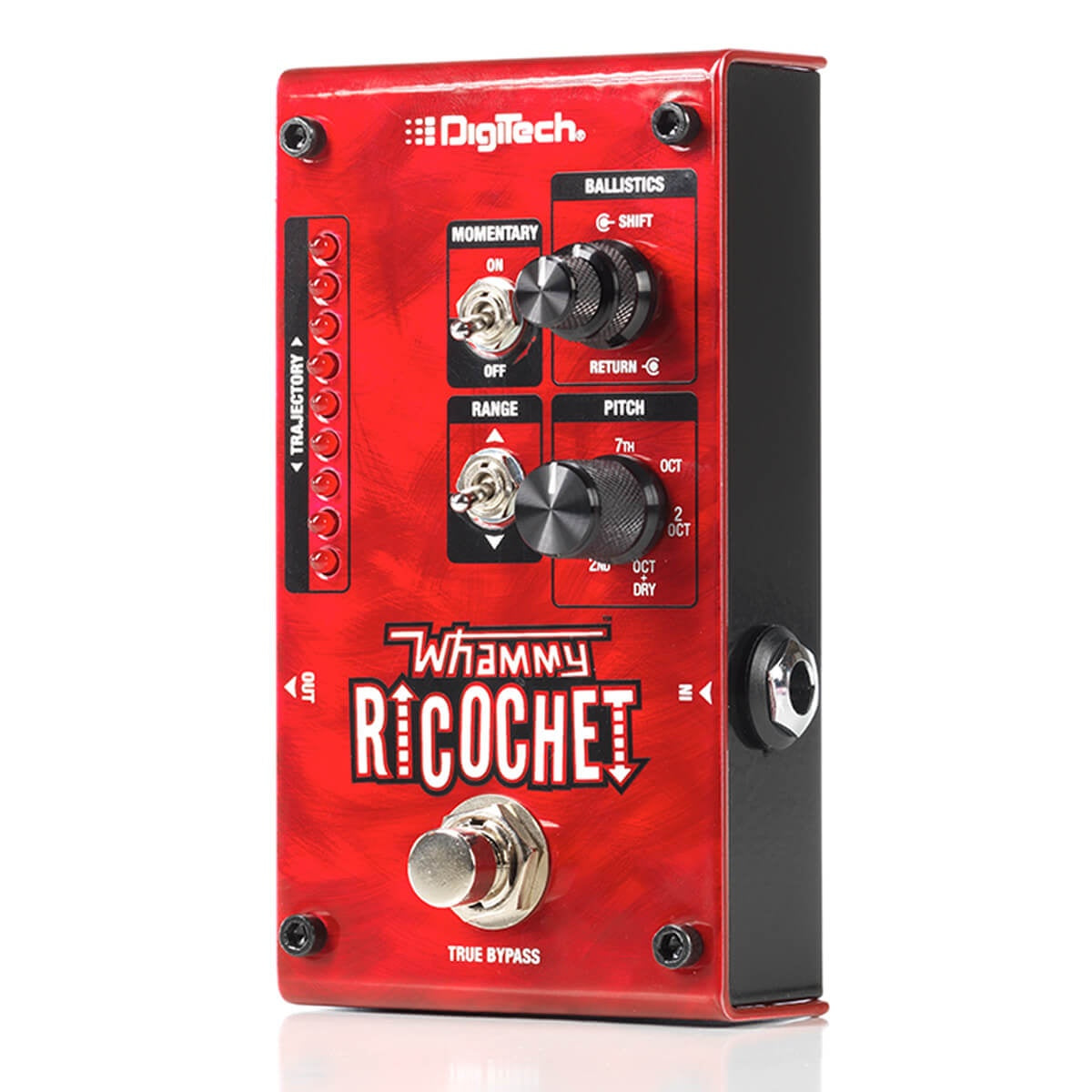 Digitech Whammy Ricochet pitch shift guitar effects pedal with footswitch and control knobs, used for creating pitch bending sounds.