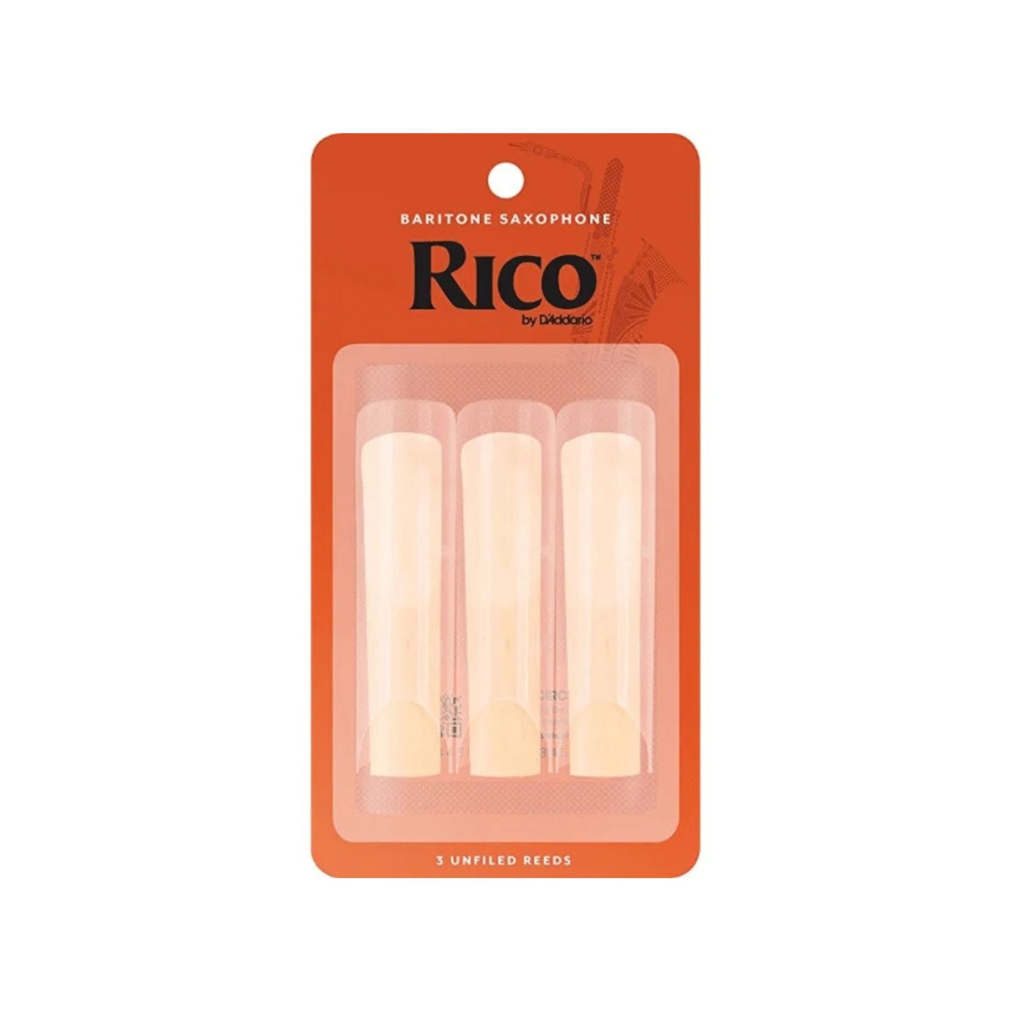 Set of three Rico RLA0315 baritone saxophone reeds, size 1.5, for brass and woodwind instruments, shown on a white background.