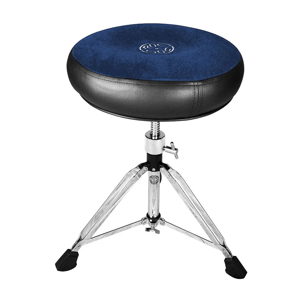 Blue Roc-N-Soc Manual Spindle Round Top Drum Throne with cushioned seat and adjustable height for comfortable drumming.