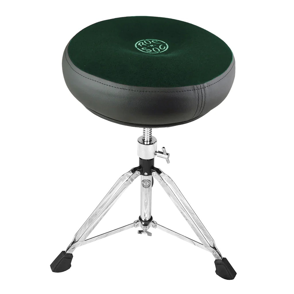 Green Roc-N-Soc Manual Spindle Round Top Drum Throne with cushioned seat and adjustable height for comfortable drumming.
