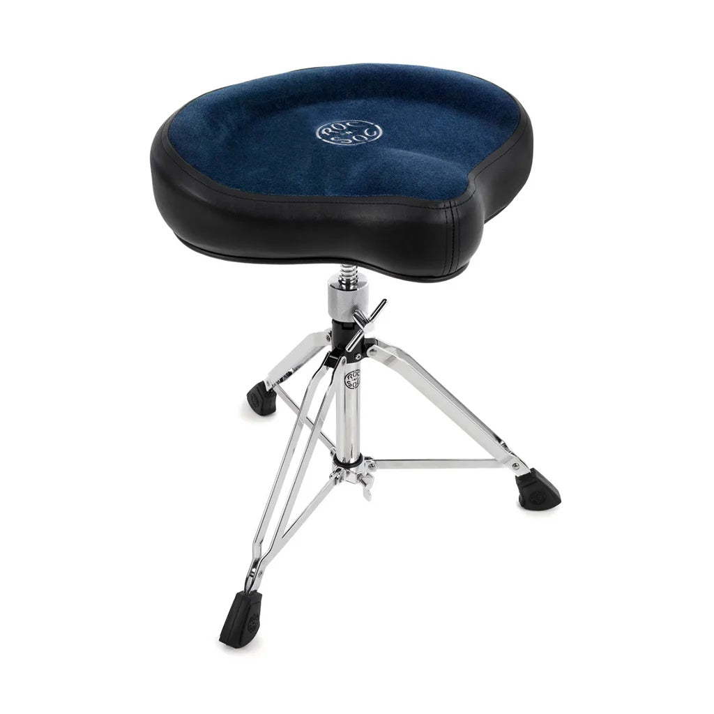 Blue Roc-N-Soc Manual Short Spindle Original Top drum throne with padded seat and adjustable height for comfortable drumming.
