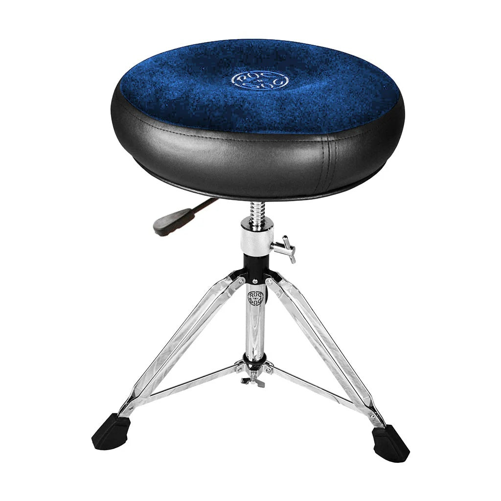 Blue Roc-N-Soc Nitro Rider round top drum throne with adjustable height and padded seat, ideal for drummers.