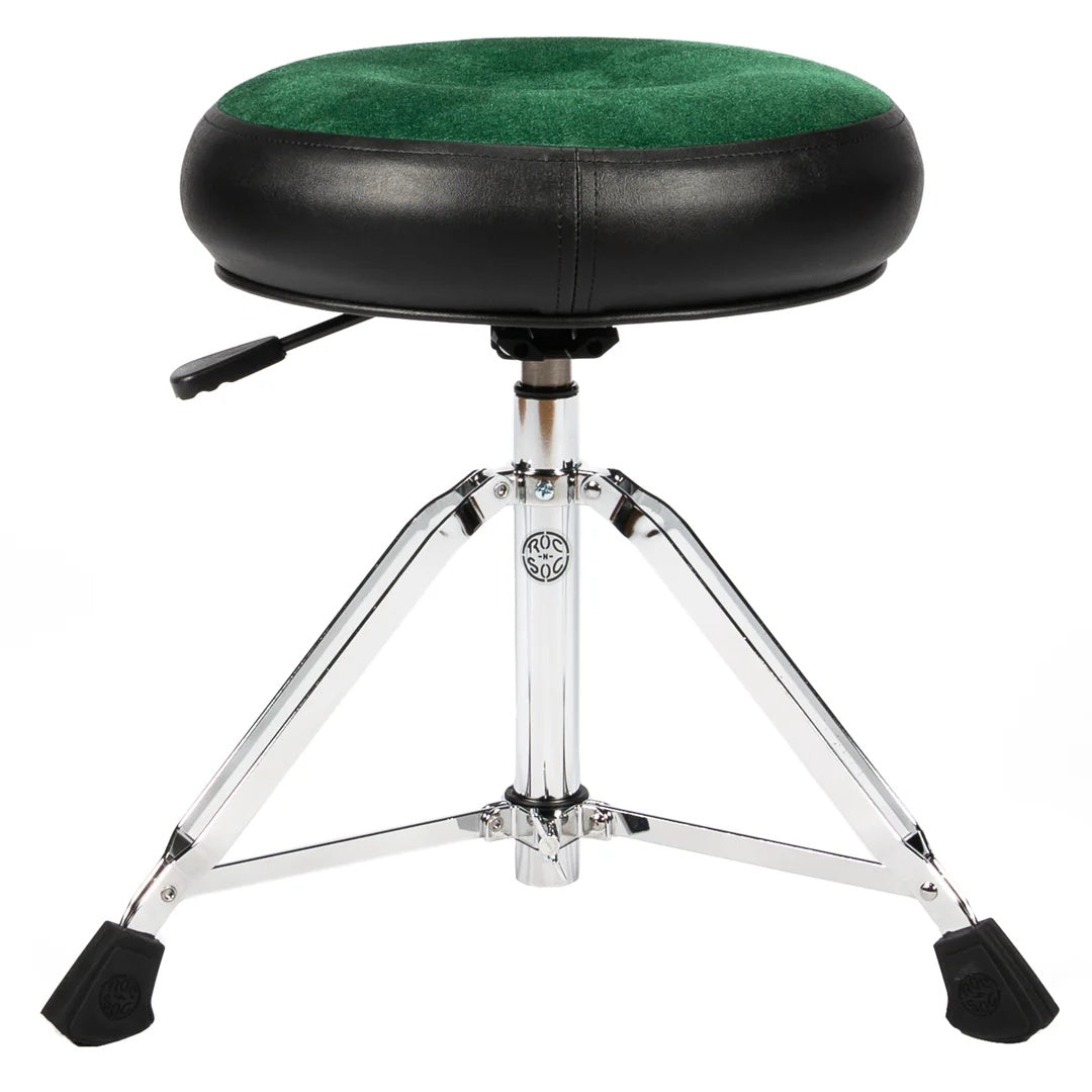 Green Roc-N-Soc Nitro Rider round top drum throne with adjustable height and cushioned seat for comfortable drumming.