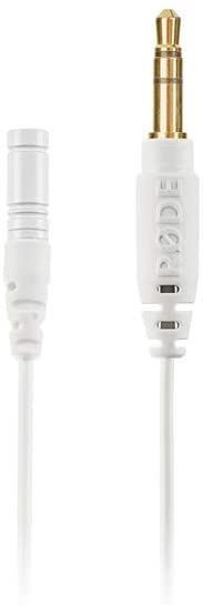 Rode Lavalier GO white microphone with clip, ideal for interviews and presentations, showcasing compact design and quality.