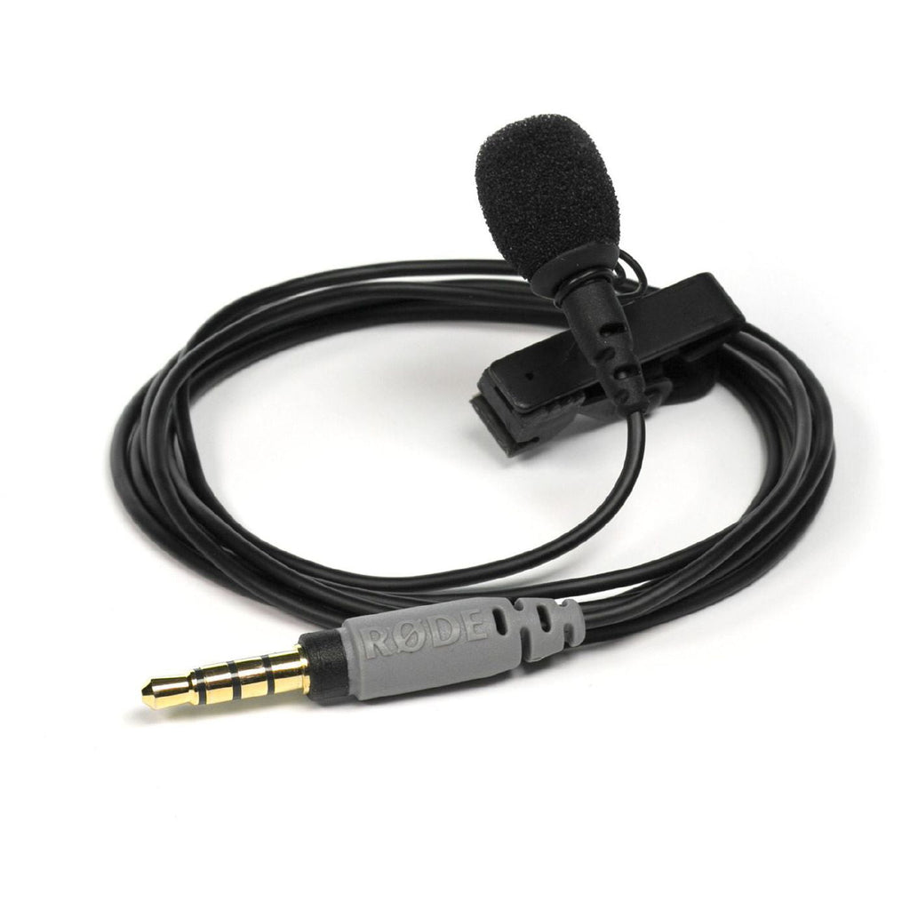 RODE SmartLav+ lavalier microphone for smartphones with clip and foam windscreen on a white background.
