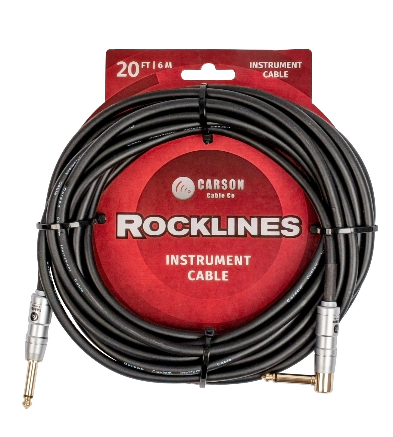 Carson Rocklines ROK20SK 20-foot straight to right-angle guitar cable with black connector plugs and insulated cable for electric guitar.