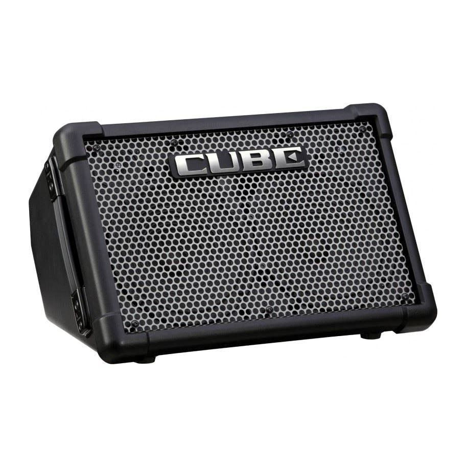 Roland CUBE Street EX 50W battery-powered stereo guitar amplifier with control knobs and input jacks, ideal for acoustic performances.