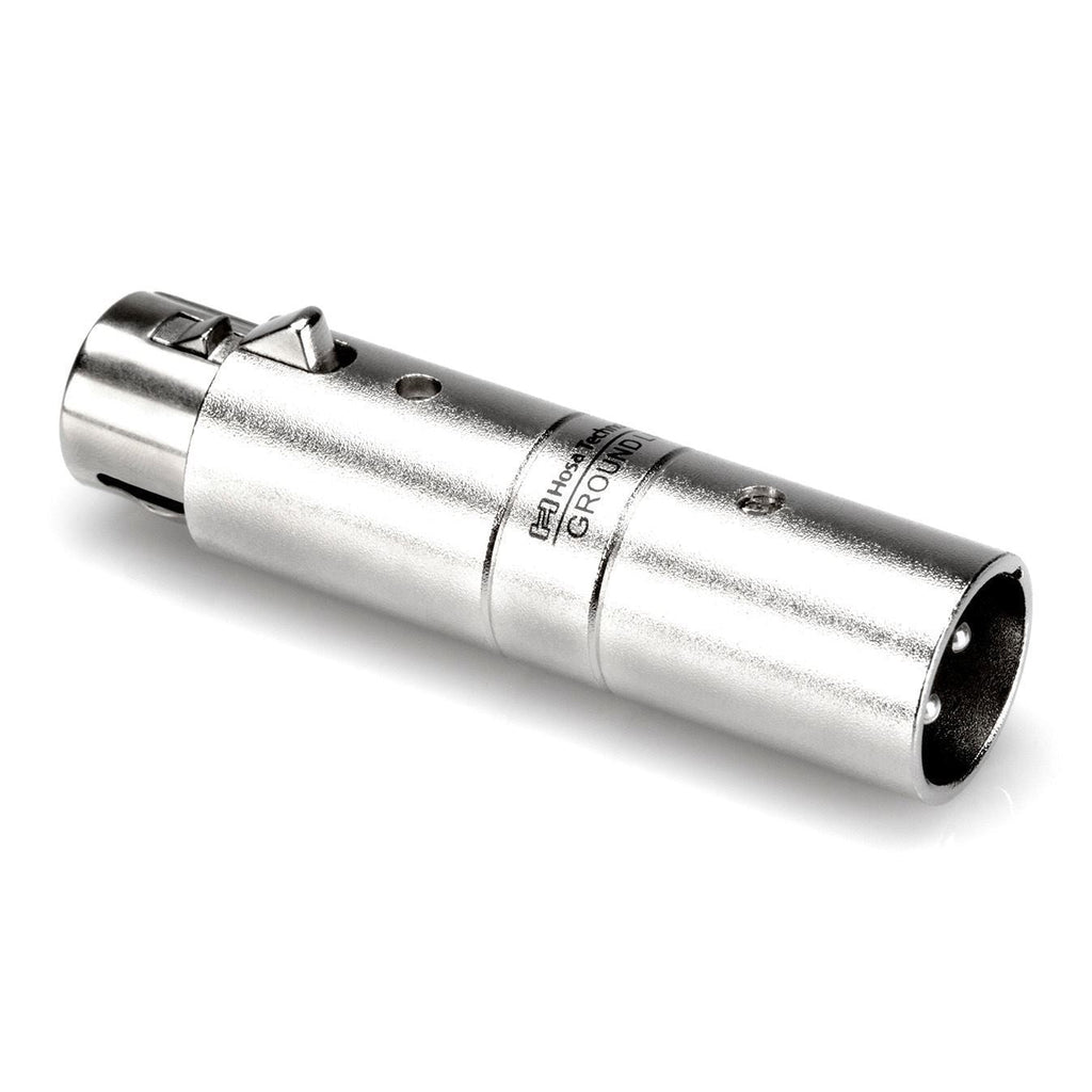 Hosa GLT-255 XLRF to XLRM ground lift coupler for PA cables, showing the compact metal connector with labeled ports.