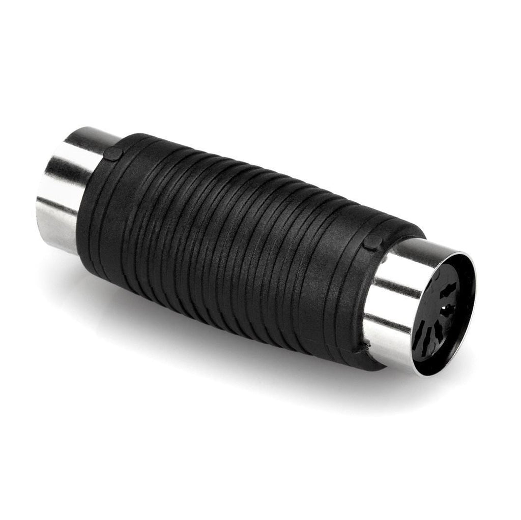 Hosa GMD-108 5-pin female MIDI DIN coupler adaptor connected to a MIDI cable, used for connecting MIDI devices.