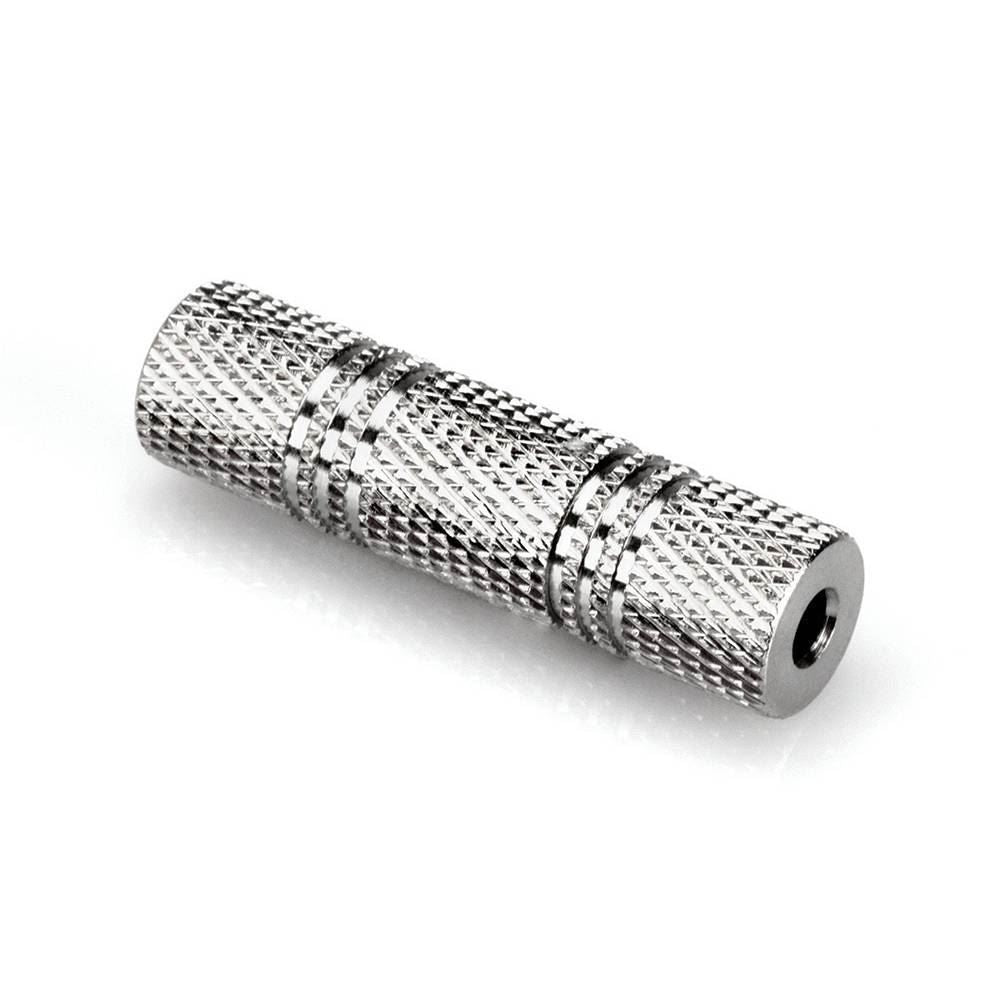Hosa GMM-303 3.5mm TRS coupler adaptor connected to audio cables, used for linking 3.5mm stereo devices.