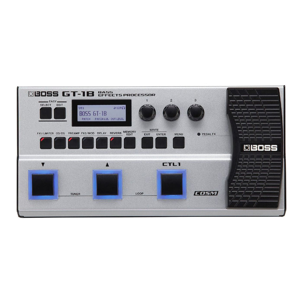 BOSS GT-1B bass effects processor pedal with multiple effect controls and input/output jacks for electric bass guitar.