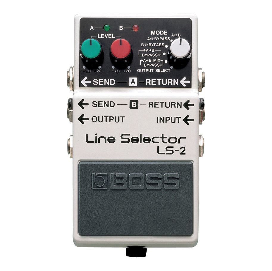 BOSS LS-2 Line Selector guitar effects pedal with control switches and input/output jacks on a white background