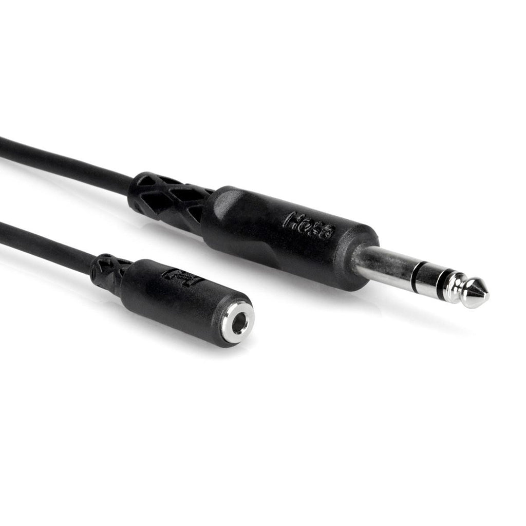 Hosa MHE-310 1/4 inch TRS to 1/8 inch Mini F extension cable, 3 meters long, used for audio connections.