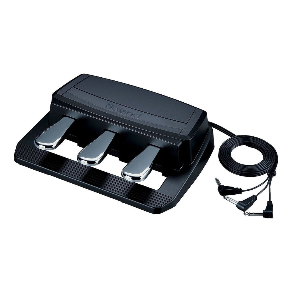 Roland RPU-3 Pedal Unit for keyboards, featuring three foot pedals with sturdy construction and adjustable settings.