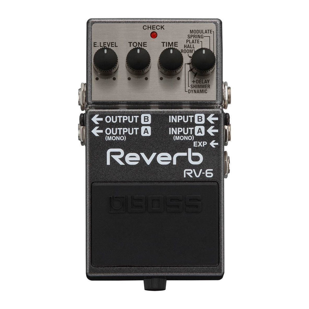 BOSS RV-6 digital reverb guitar effects pedal with control knobs and input/output jacks on a pedalboard.