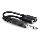 Hosa YMM-232 1/4 inch TRS to dual 3.5mm TRS Y cable for audio connections, showing the cable with connectors on each end.