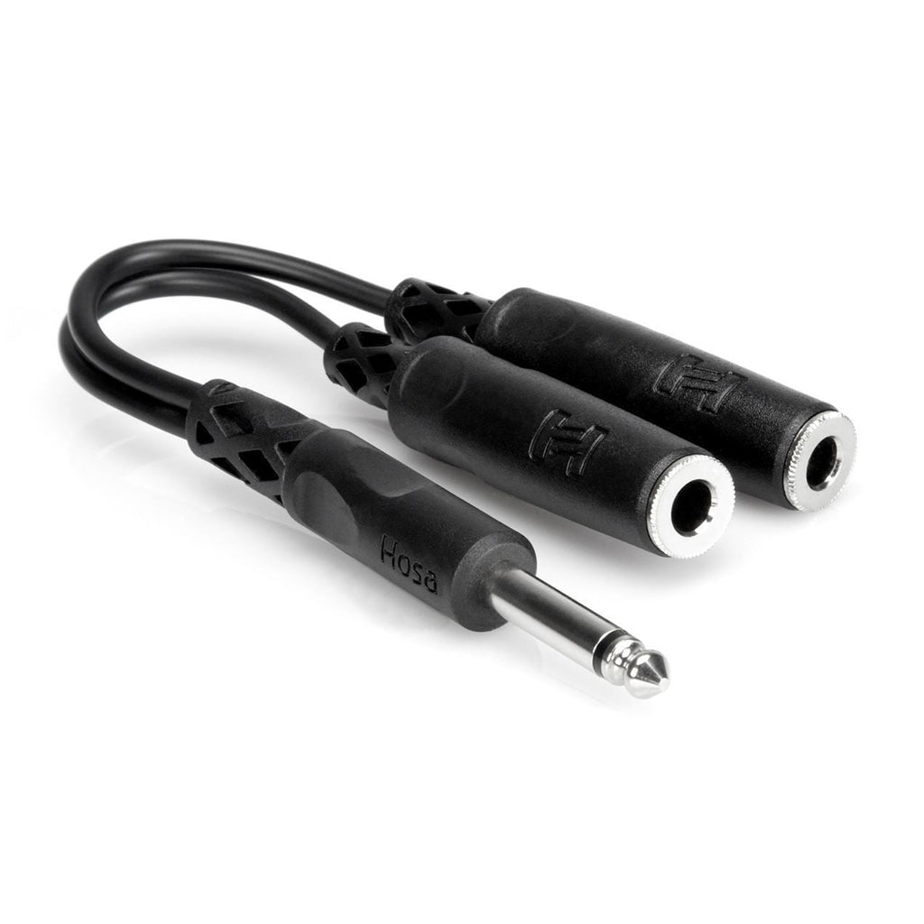 Hosa YPP-111 1/4 inch TS to dual 1/4 inch TS Y cable for audio connections, black cable with metal connectors.