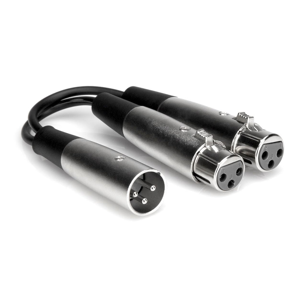 Hosa YXF-119 dual XLR female to single XLR male Y cable for professional audio connections, with black cable and connectors