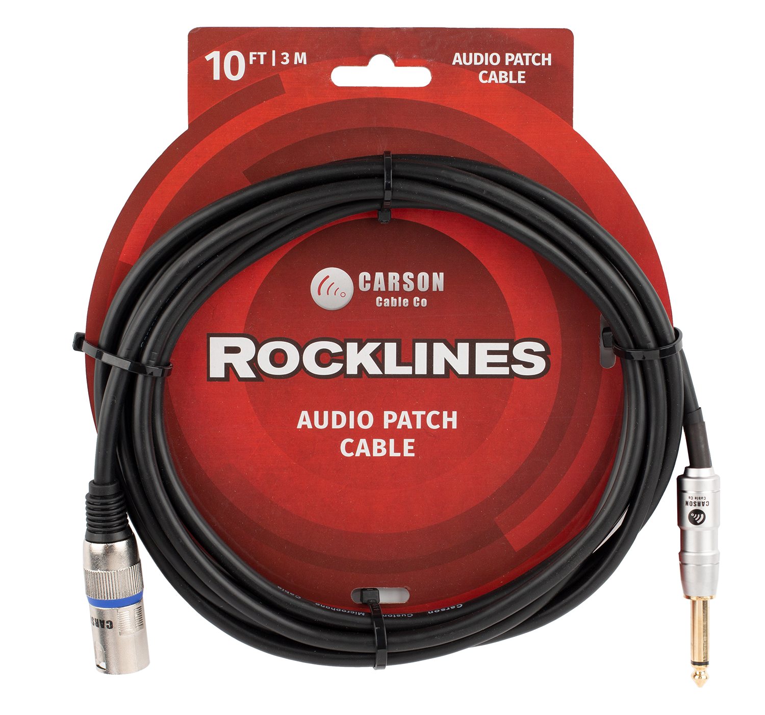 Carson Rocklines 6.3mm mono jack to XLR male audio cable, 10 feet, used for professional microphone and audio connections.