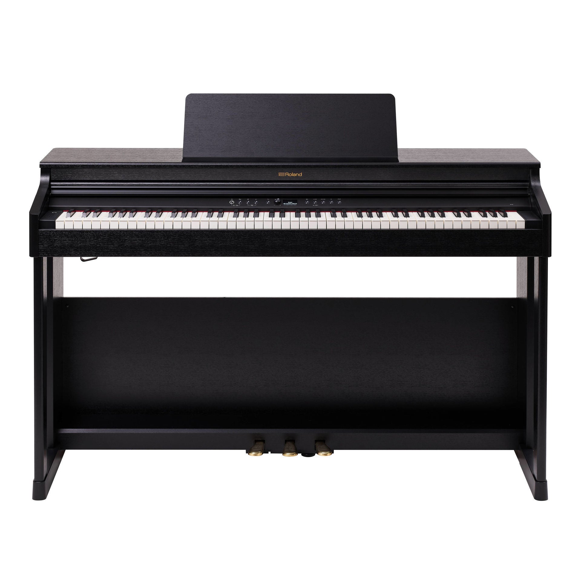 Roland RP-701 black digital piano with sleek design, multiple keys, and control panel in a modern home setting.