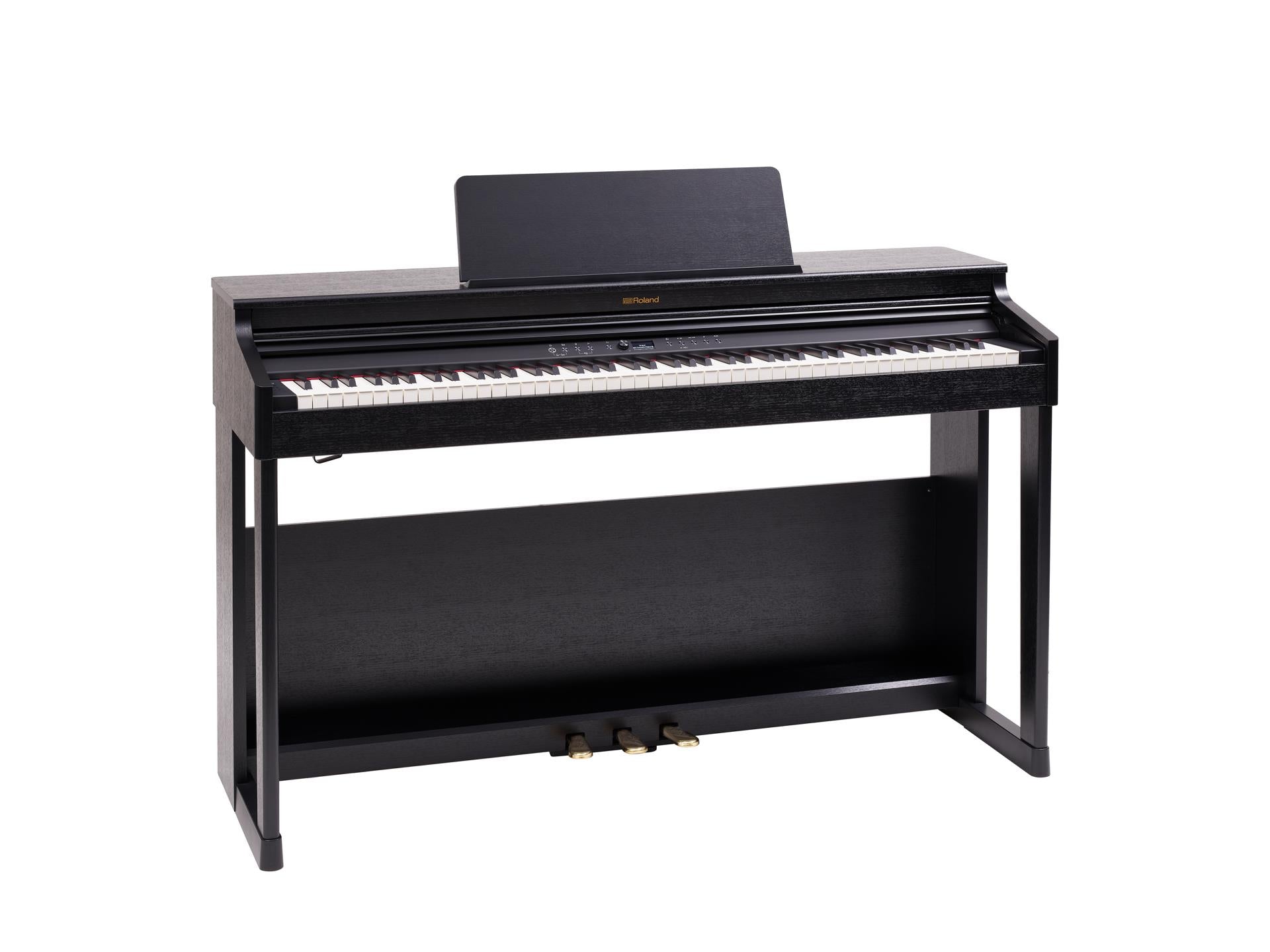 Roland RP-701 home digital piano in contemporary black showcasing keyboard and sleek design on a stand.