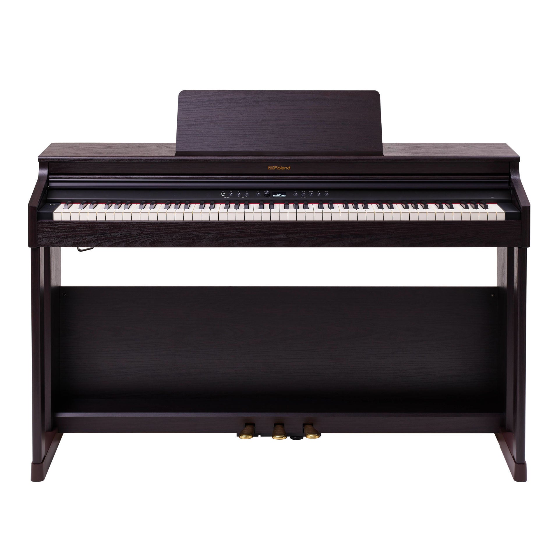 Roland RP-701 digital piano in dark rosewood finish, showcasing its sleek design and keyboard keys.