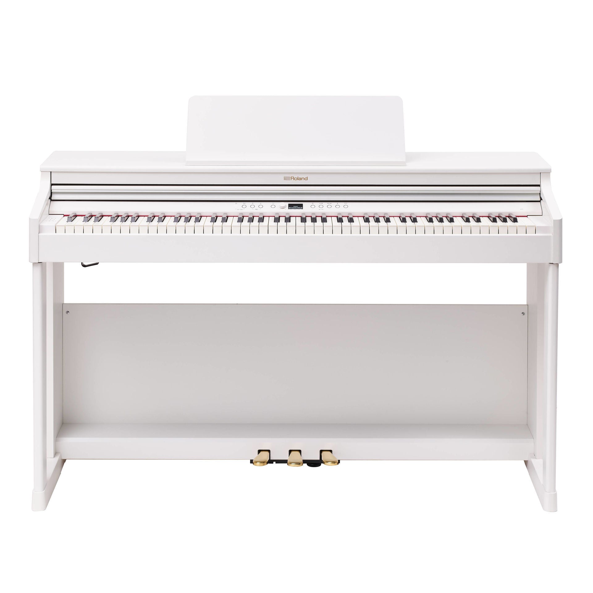 White Roland RP-701 digital piano with sleek design and 88 keys, showcasing its modern home electronic keyboard.