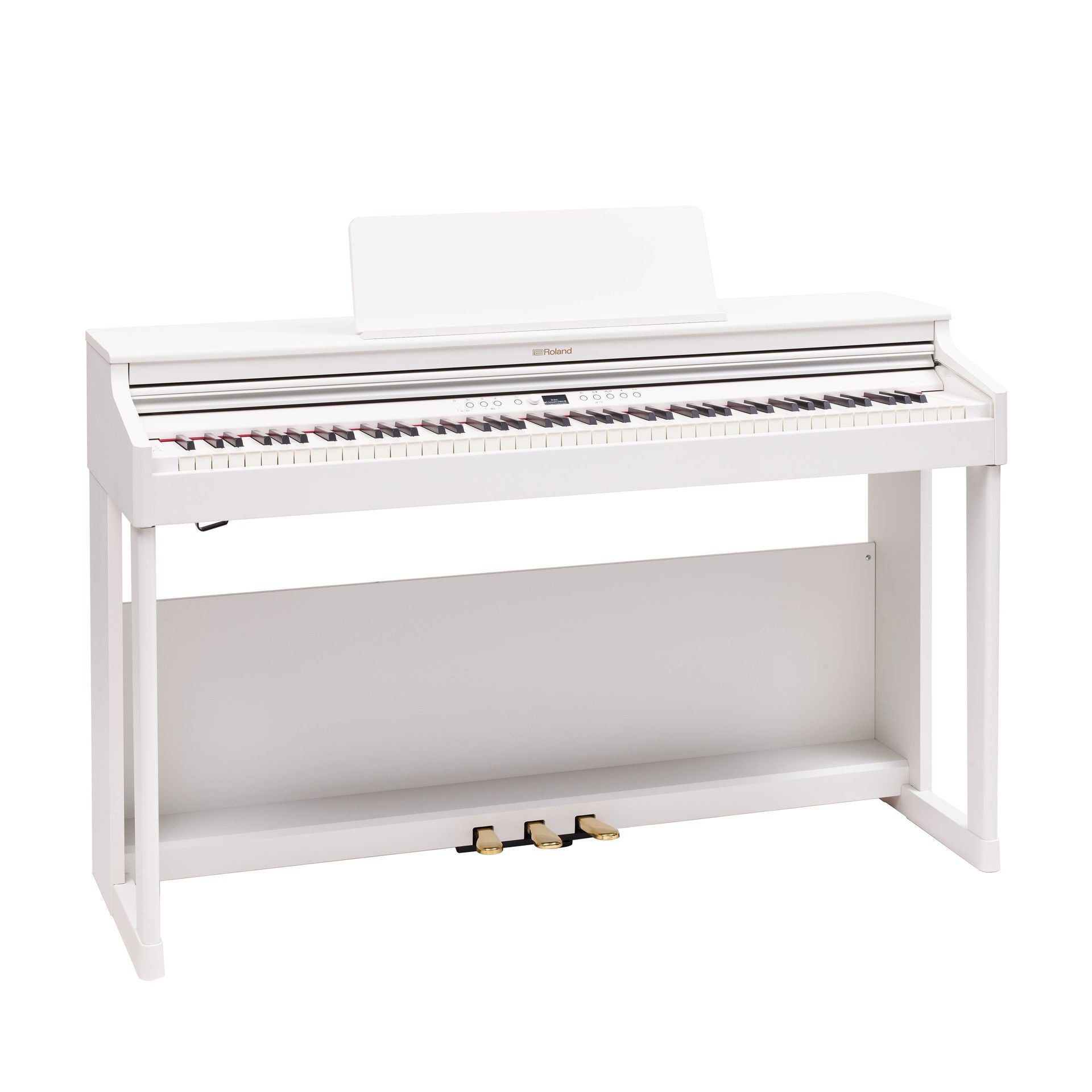 Roland RP-701 White digital piano, home use model with sleek design and full keyboard, close-up of keys and control panel.